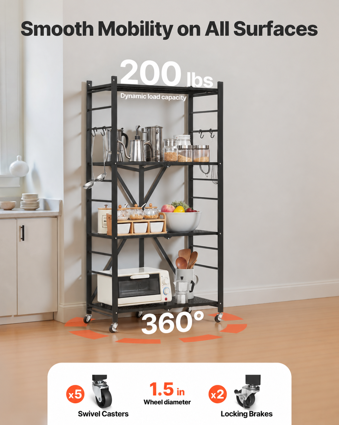Black 4-Tier Foldable Metal Storage Shelf with Wheels – 28" × 13" × 54"