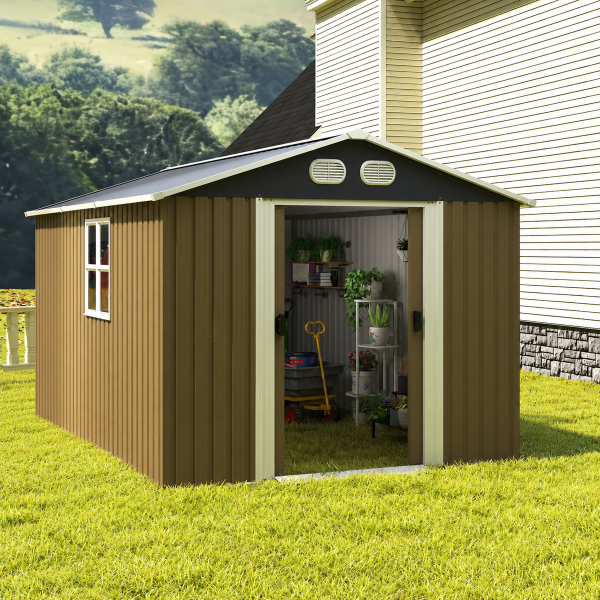 Campcraft 8 × 12 ft Outdoor Metal Storage Shed with Lockable Doors – Brown