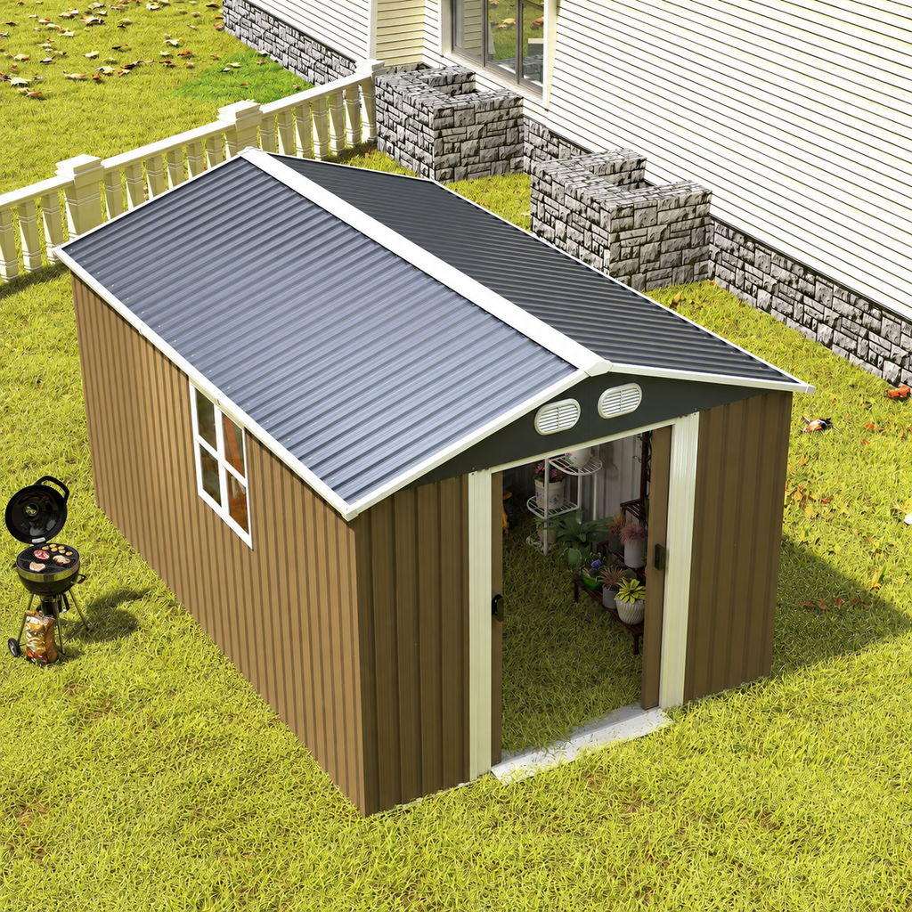 Campcraft 8 × 12 ft Outdoor Metal Storage Shed with Lockable Doors – Brown