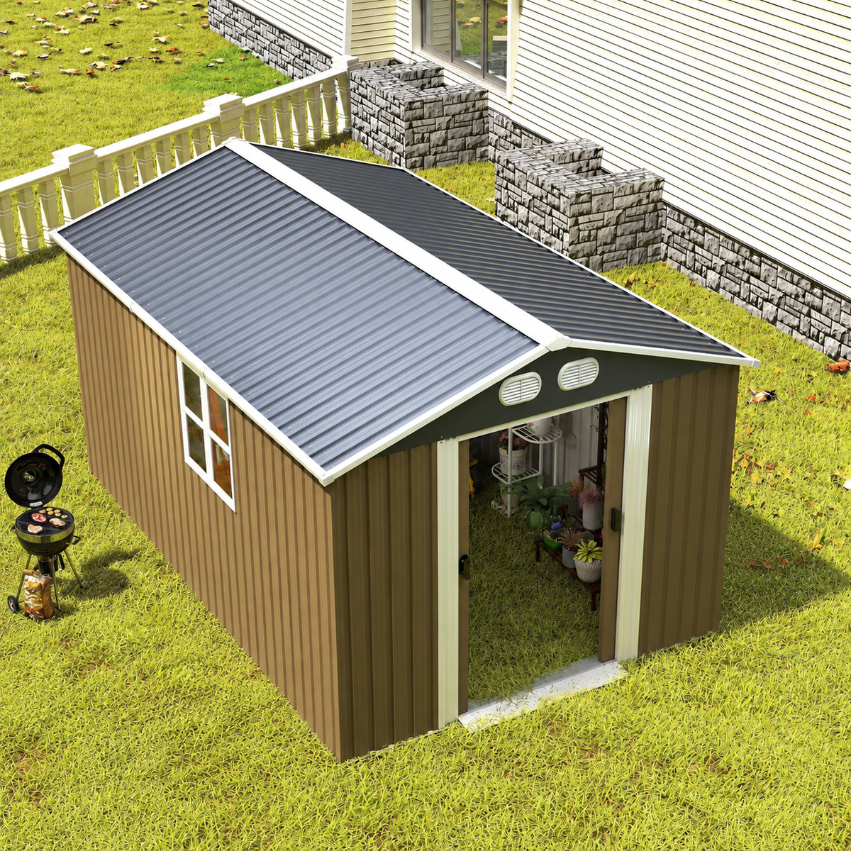 Campcraft 8 × 12 ft Outdoor Metal Storage Shed with Lockable Doors – Brown
